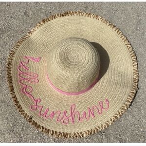 Straw Sun Hat with Pink Embroidery HELLO sunchine nwt